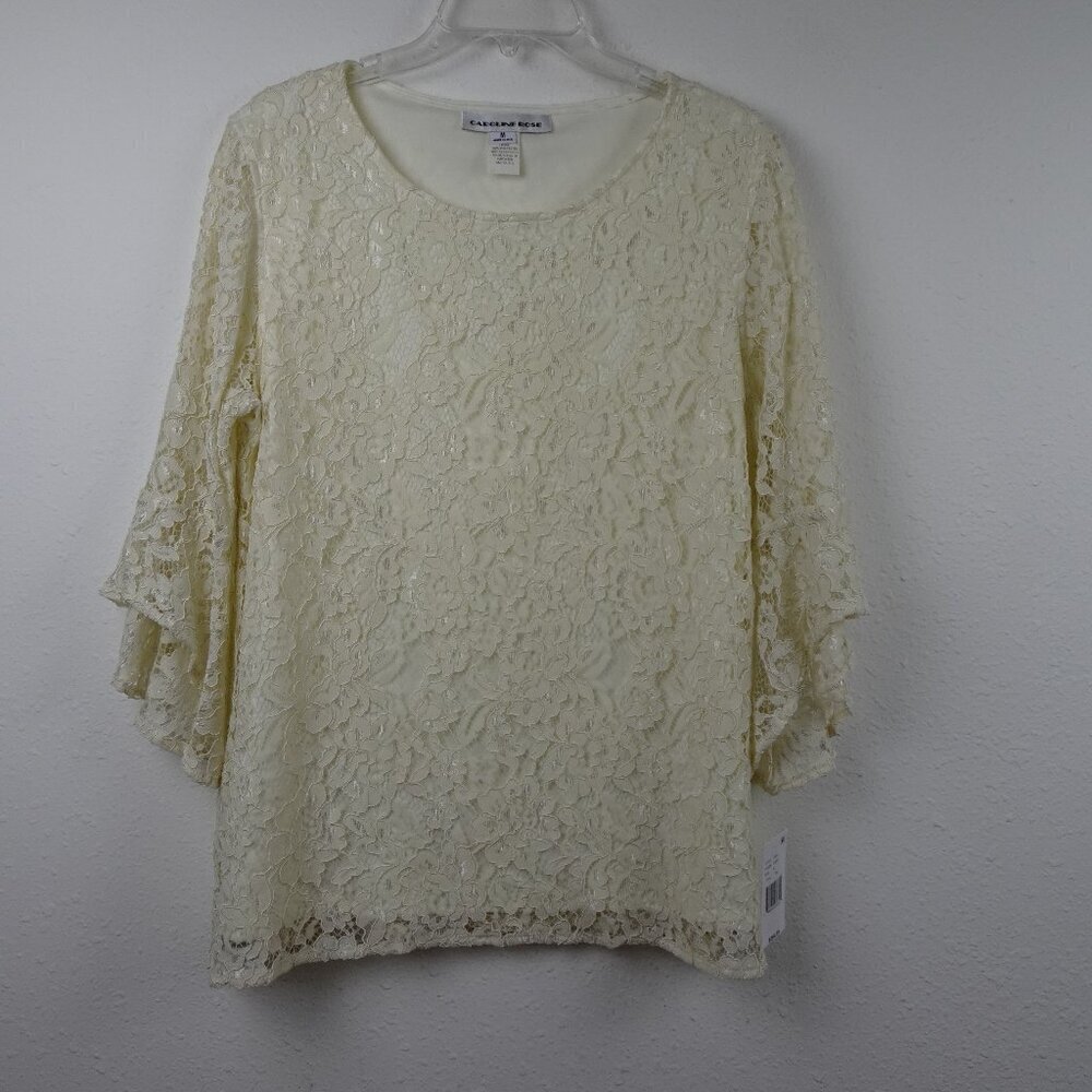 Caroline Rose Lace Top Women's Size M Ivory 3/4 Bell Sleeve Lined Tunic